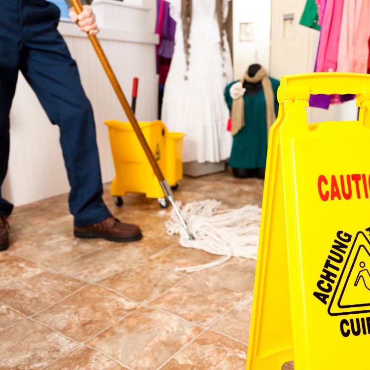 Janitorial staff disinfecting high-touch surfaces in a retail shop